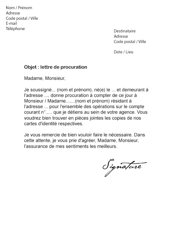 lettre de procuration pour banque