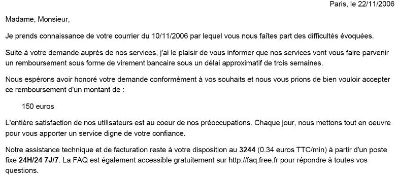 lettre de reclamation free remboursement