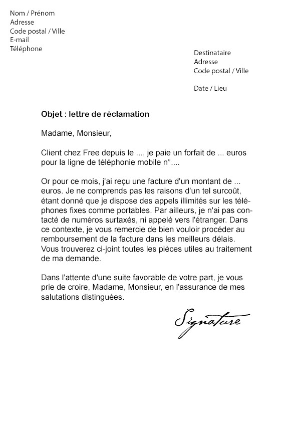lettre de reclamation free remboursement