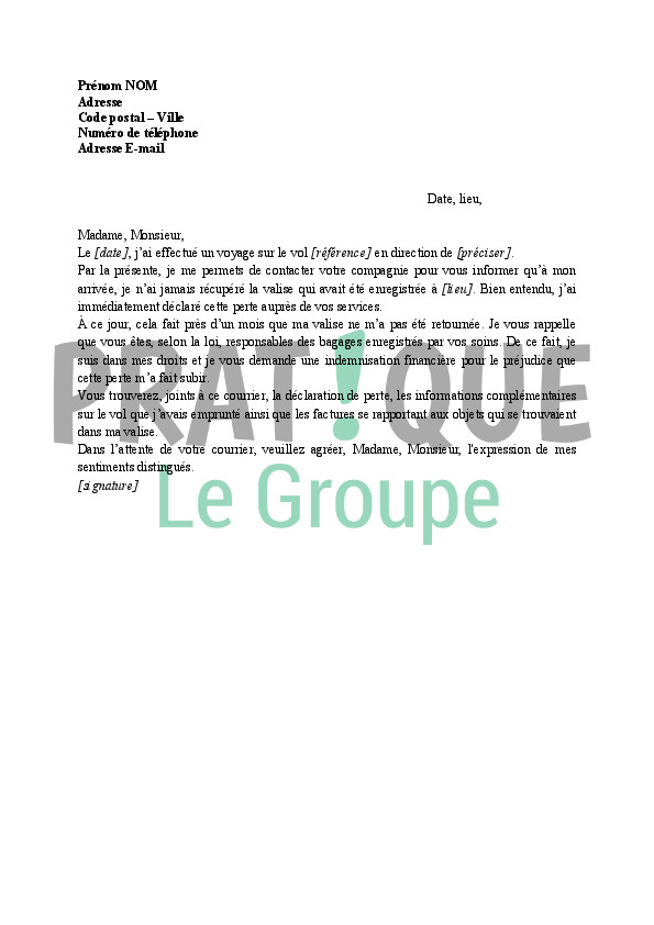 lettre de reclamation perte de bagage