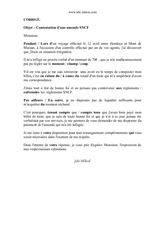 lettre de reclamation pour amende