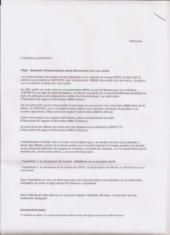 lettre de reclamation pour vice cache