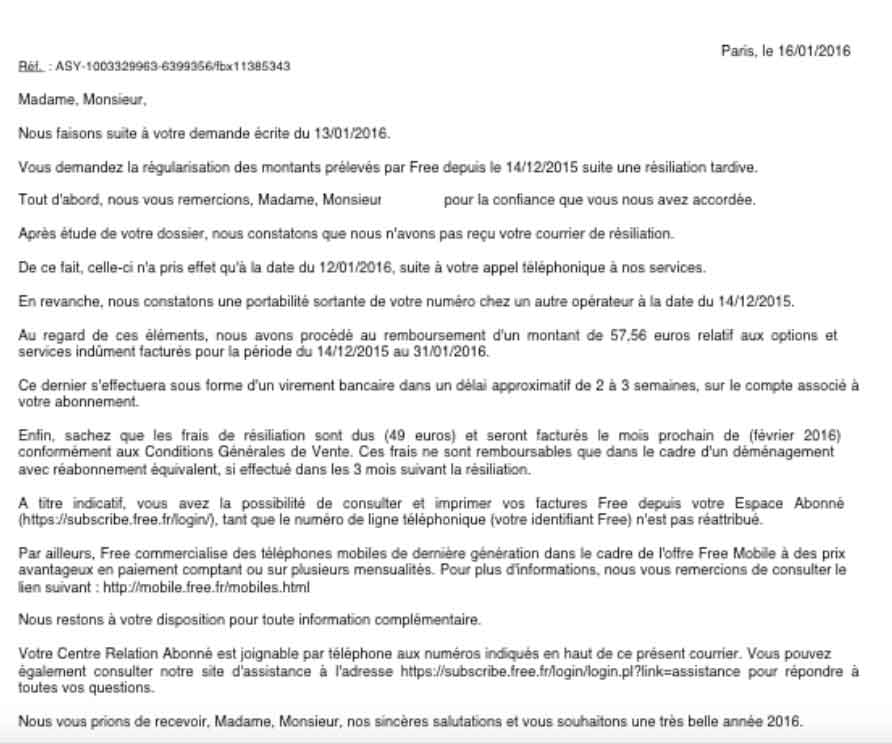 lettre de reclamation remboursement free