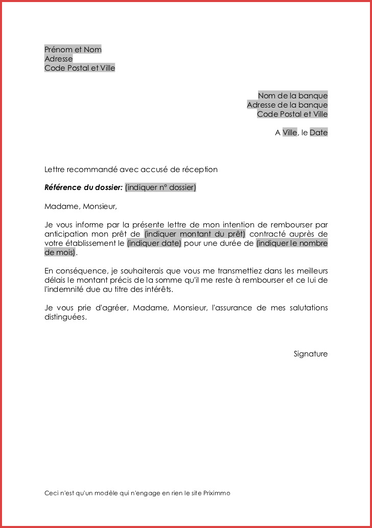 lettre de remboursement banque