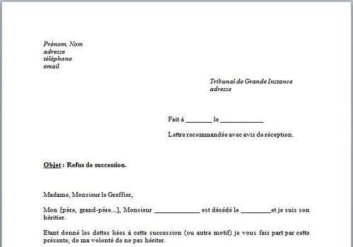 lettre de renoncement de succession