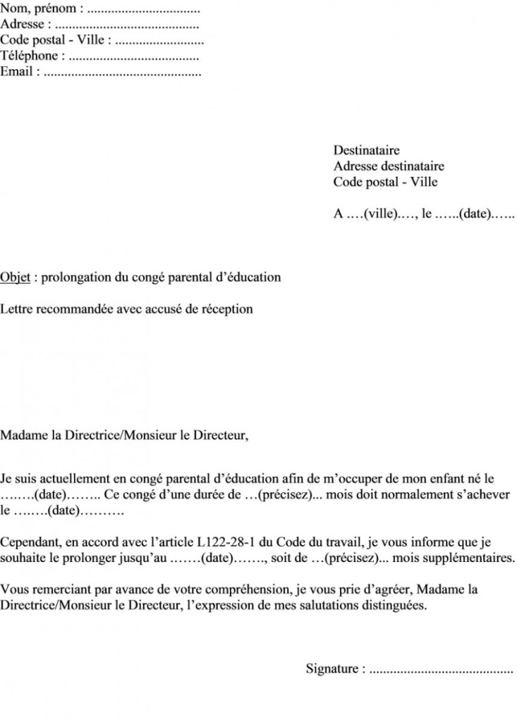 lettre de renouvellement conge parental