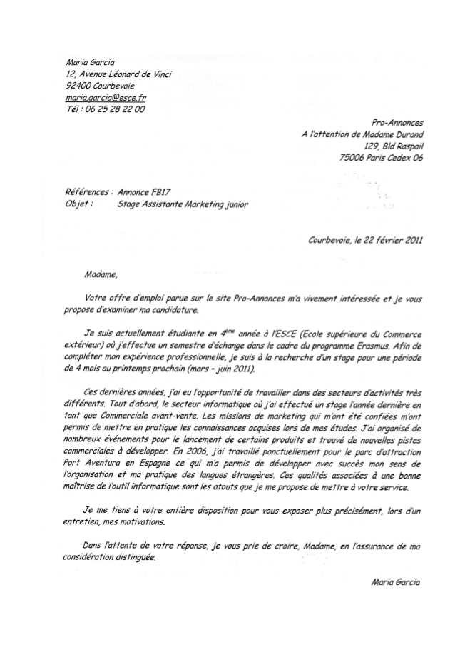 lettre de reponse a une annonce d emploi