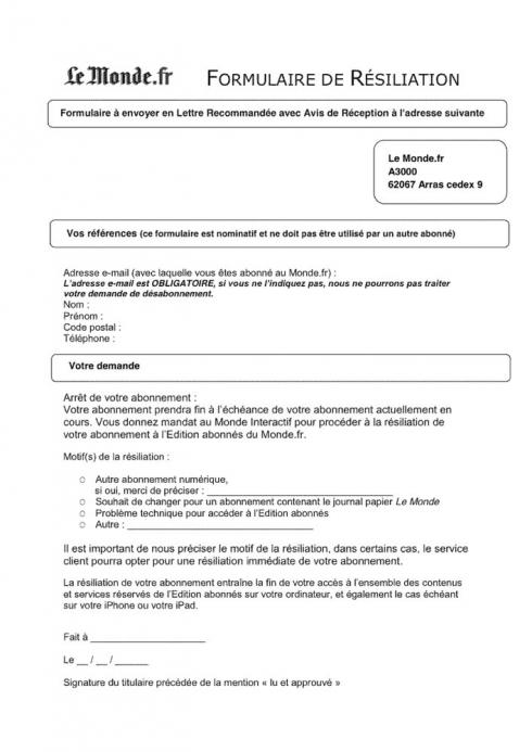 lettre de resiliation abonnement journal