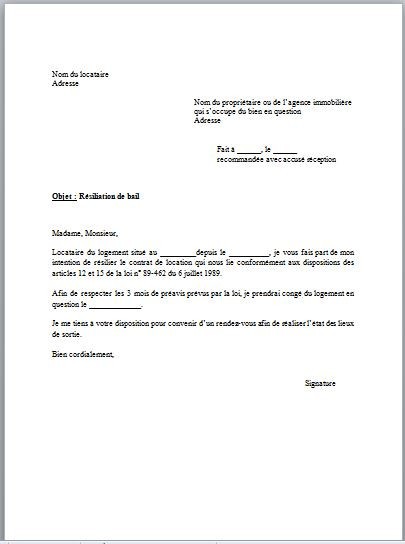 lettre de resiliation bail 3 mois