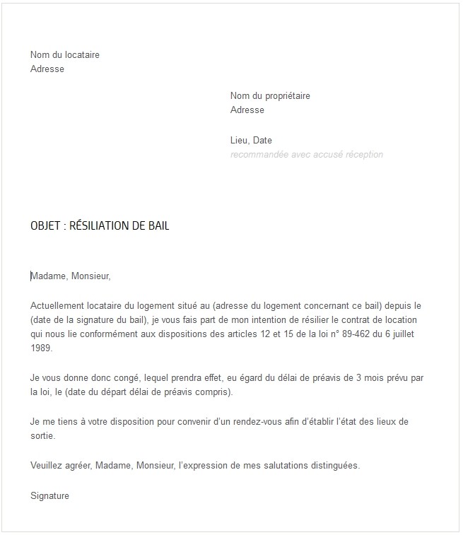 lettre de resiliation bail 3 mois