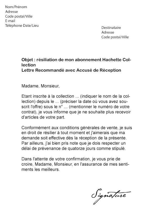 lettre de resiliation canalsat reunion
