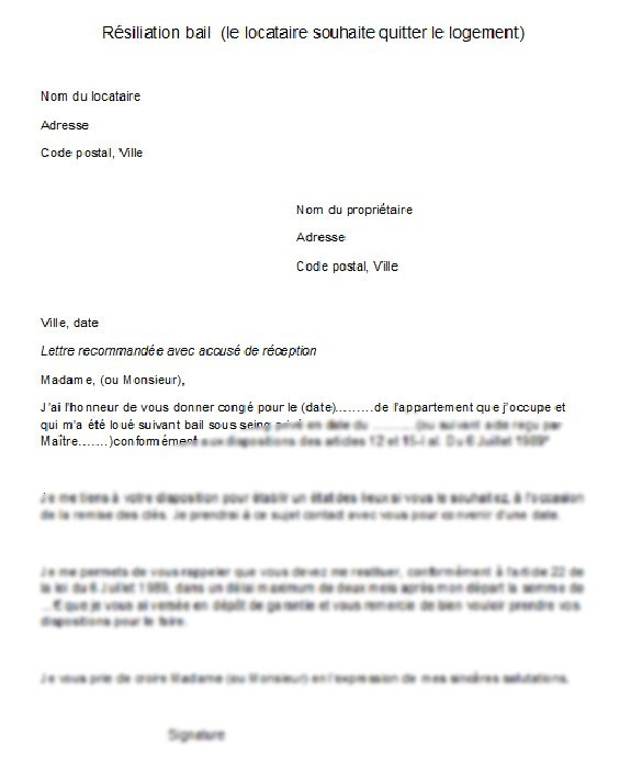 lettre de resiliation de bail 1 mois