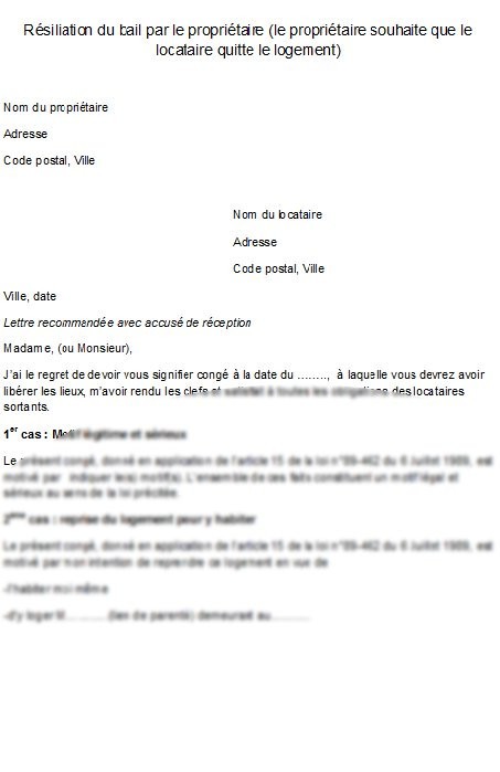lettre de resiliation de bail avec un mois de preavis