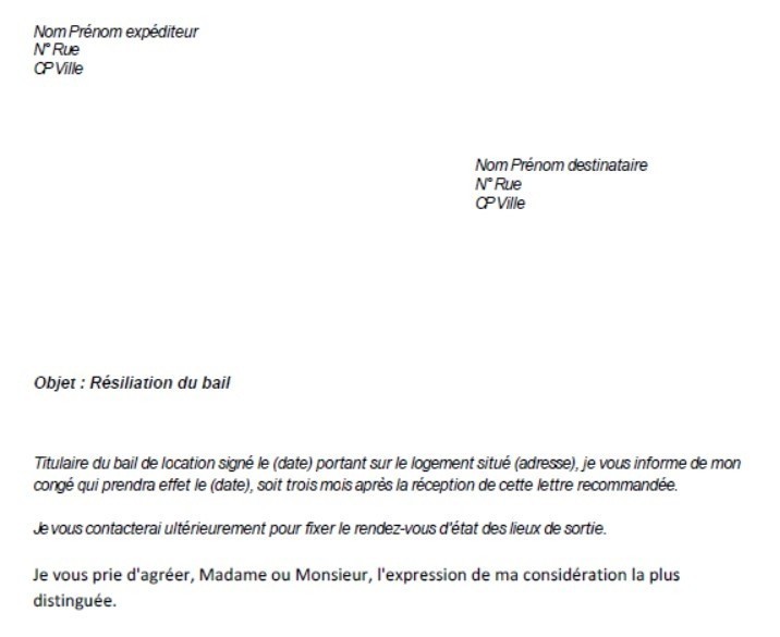 lettre de resiliation de bail meuble
