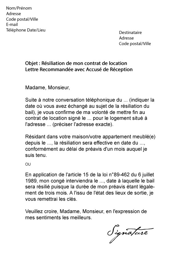lettre de resiliation de bail meuble