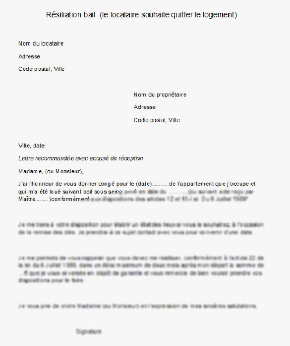 lettre de resiliation de bail meuble