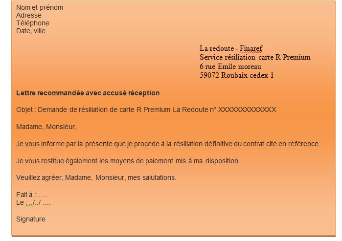 lettre de resiliation de carte