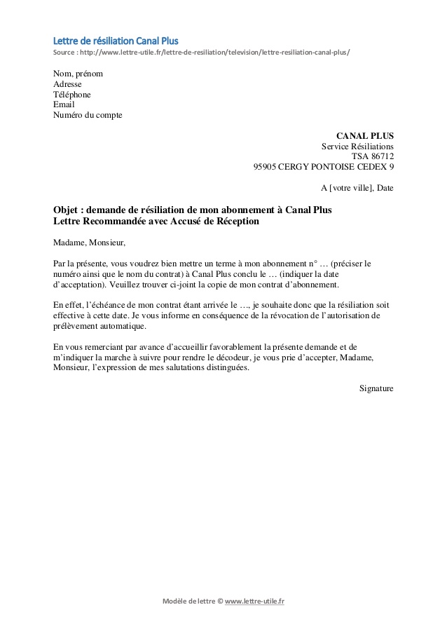 lettre de resiliation de contrat canal sat