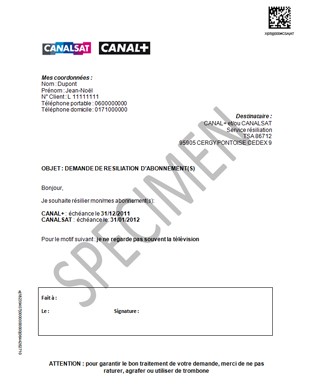 lettre de resiliation de contrat canal sat