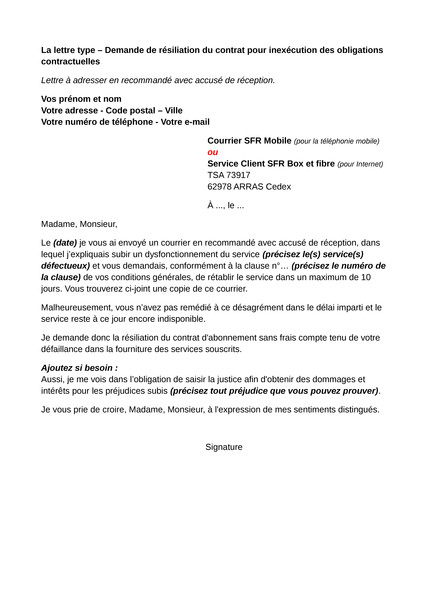 lettre de resiliation de contrat de prestation