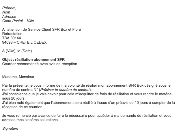 lettre de resiliation sfr box gratuite