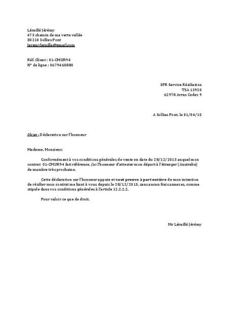 lettre de resiliation sfr box gratuite