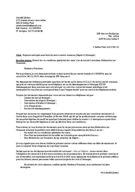 lettre de resiliation sfr depart etranger