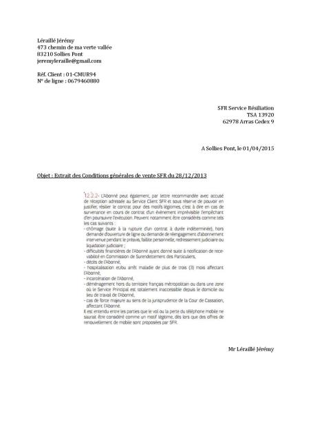lettre de resiliation sfr depart etranger