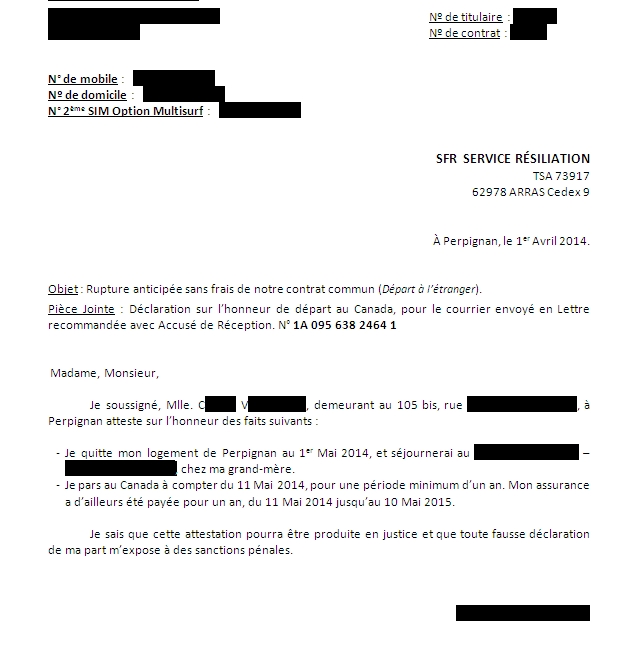 lettre de resiliation sfr depart etranger