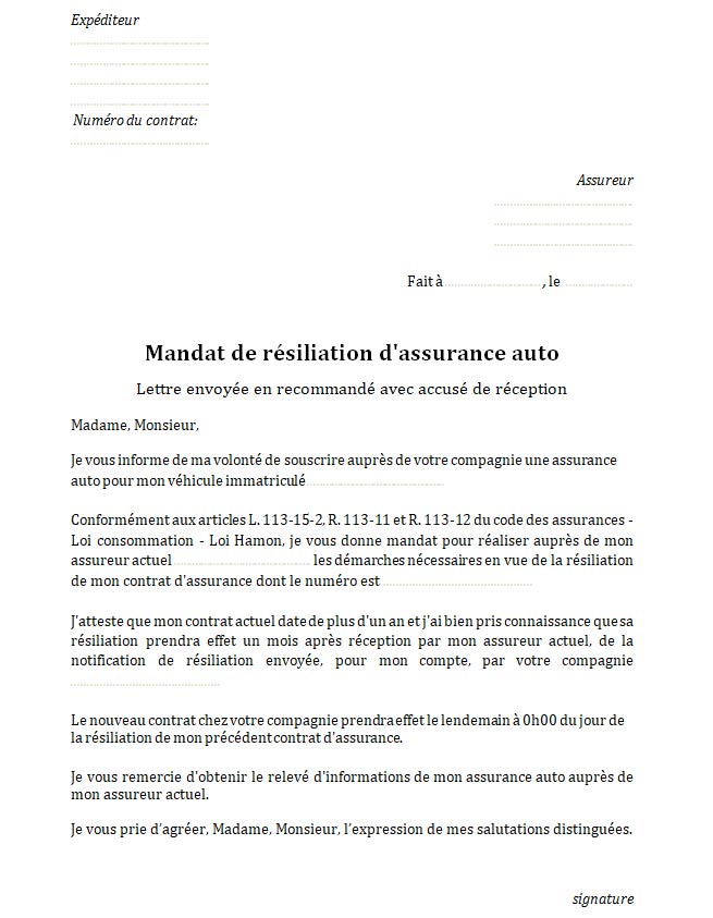 lettre de resiliationn assurance