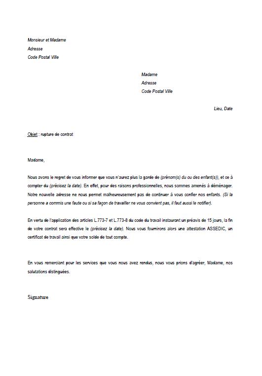 lettre de rupture de contrat d'assistante maternelle