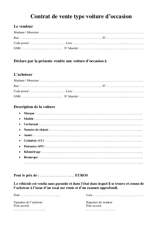 lettre de vente de vehicule d'occasion
