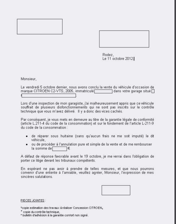 lettre de vente de vehicule d'occasion