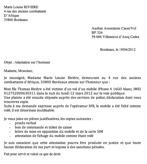 lettre declaration assurance objet casse