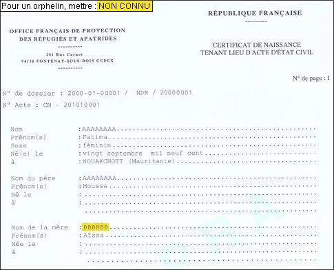 lettre demande acte de naissance avec filiation