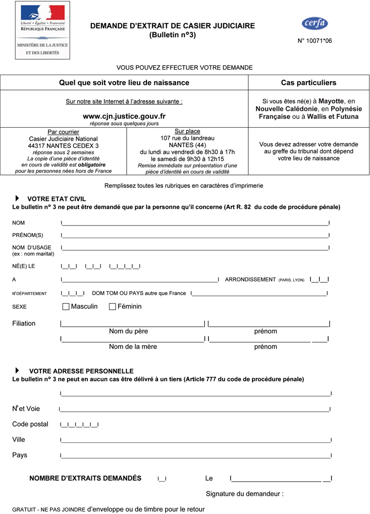 lettre demande casier judiciaire n 3