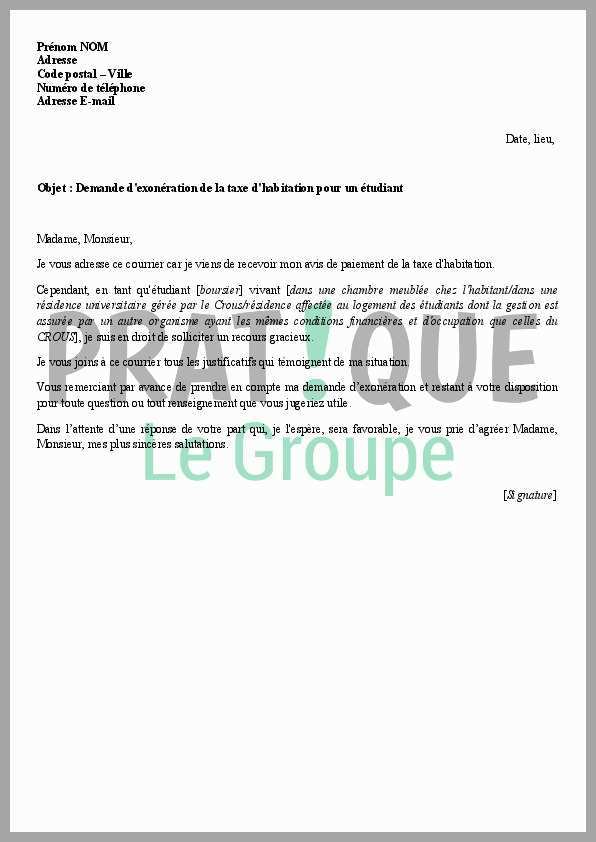lettre demande d'exoneration taxe habitation