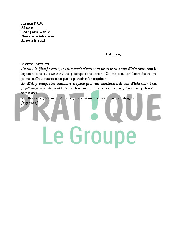 lettre demande d'exoneration taxe habitation