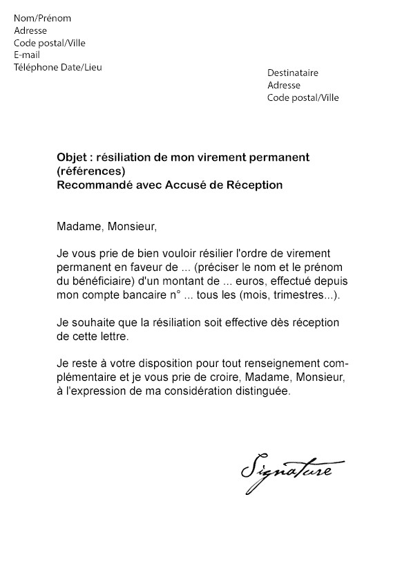 lettre demande de virement