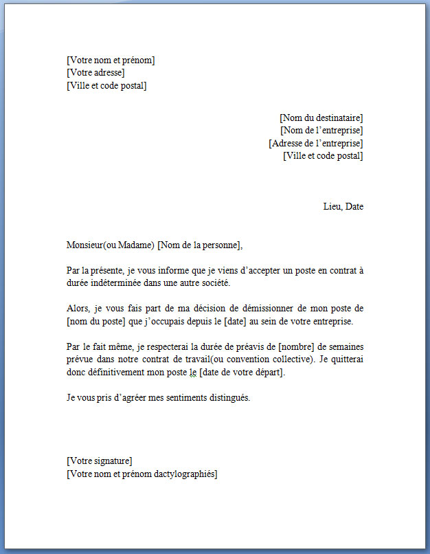 lettre demission preavis reduit