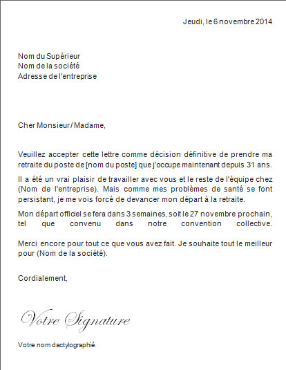 lettre demission retraite