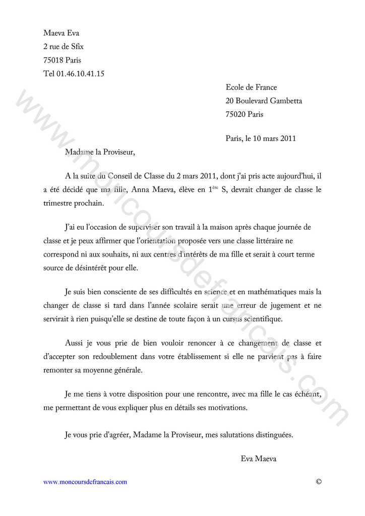 lettre en francais exemple