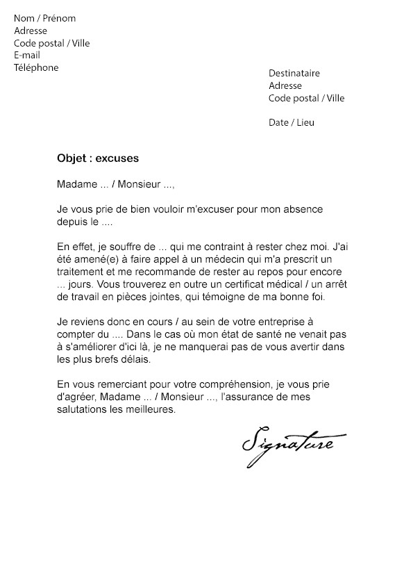 lettre excuse absence invitation