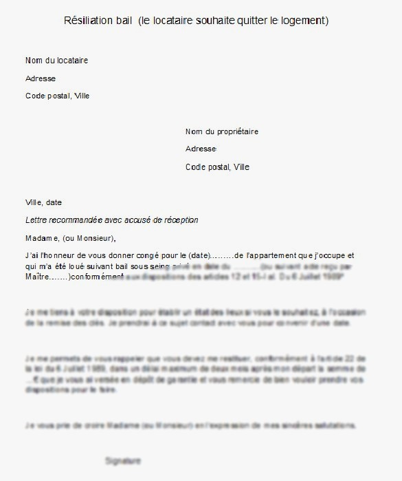 lettre fin de bail 1 mois
