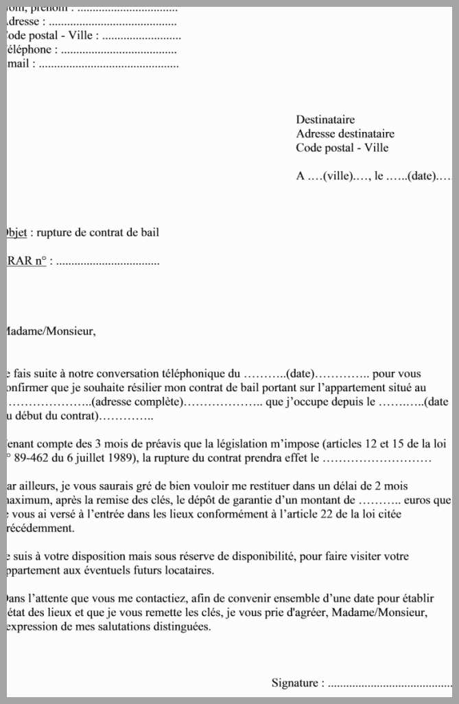 lettre fin de bail 1 mois