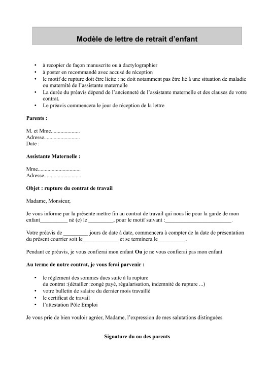 lettre fin de contrat assistant maternelle
