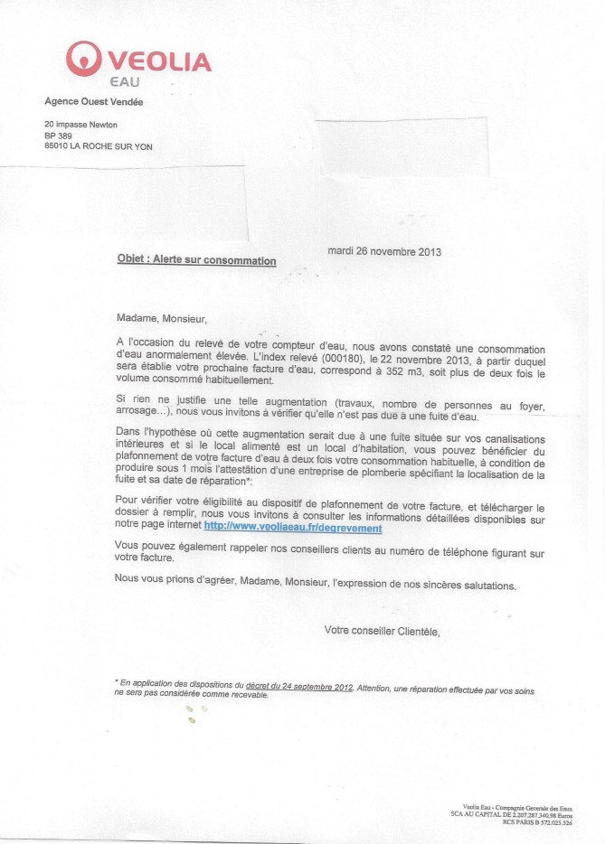 lettre fuite d'eau