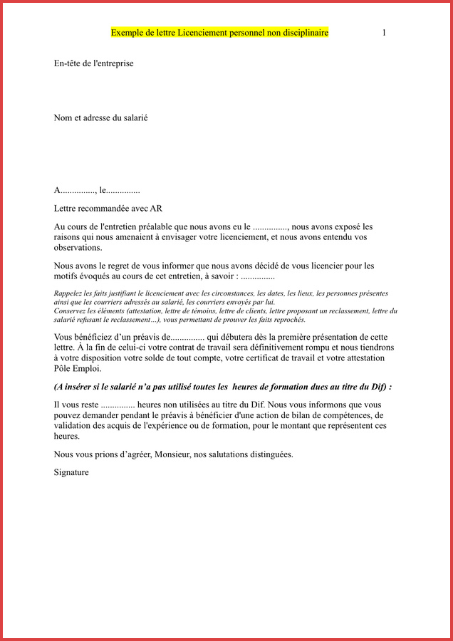 lettre licenciement inaptitude modele