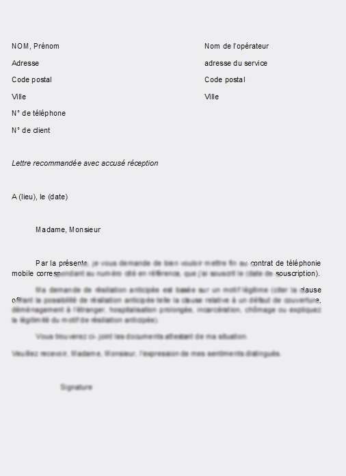 lettre modele de resiliation de contrat