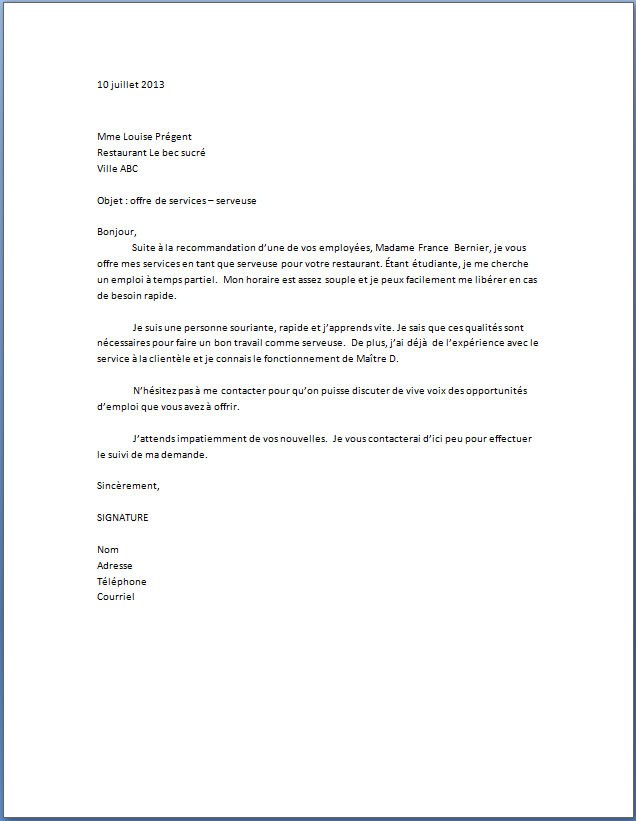 lettre motivation restauration